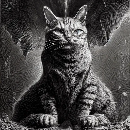 Image similar to photorealistic demonic cat in the style of michael whelan and gustave dore. hyperdetailed photorealism, 1 0 8 megapixels, amazing depth, glowing rich colors, powerful imagery, psychedelic overtones, 3 d finalrender, 3 d shading, cinematic lighting, artstation concept art