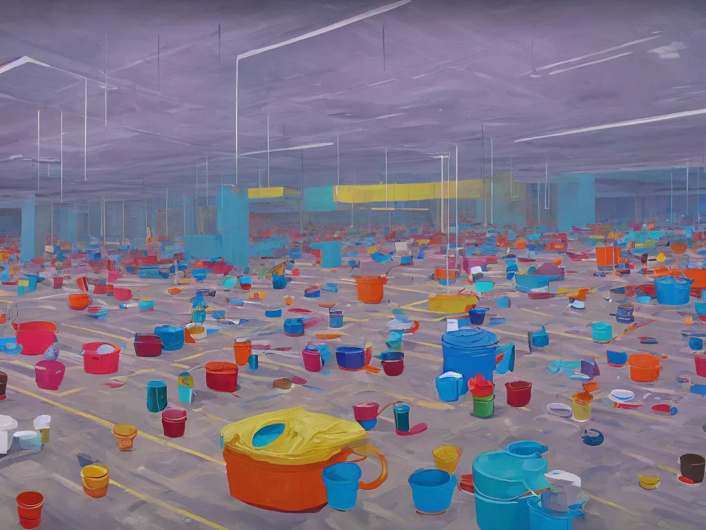 Image similar to a large room and colorful paint buckets in the style of simon stalenhag