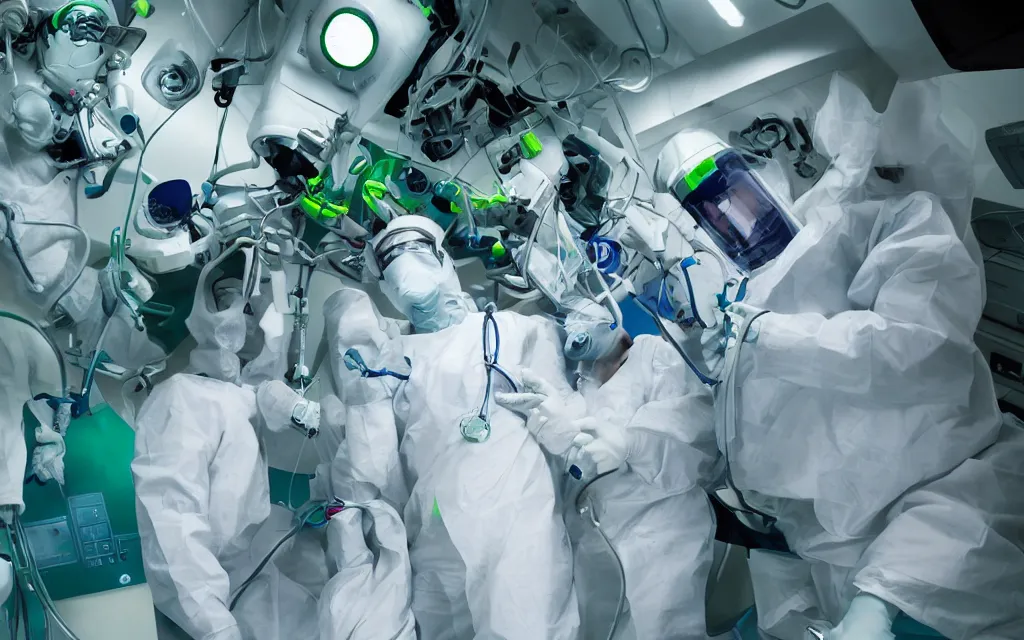 Image similar to medical, diverse medical cybersuits team, heart operation, clean green, visor, macro, biological, wide wide angle, vivid, elaborate, highly detailed, hospital lighting