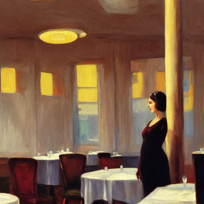 Prompt: Anthony Hopkins Gal Gadot, at art deco restaurant, open ceiling, highly detailed, painted by Edward Hopper, painted by James Gilleard