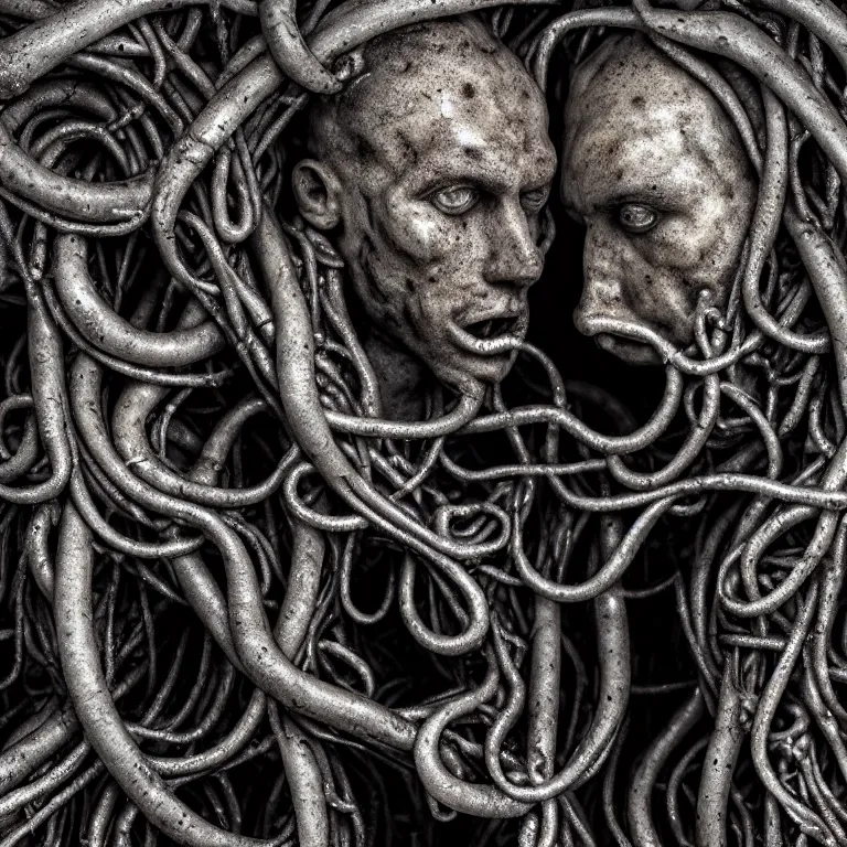 Image similar to portrait closeup on faces of abandoned sculpture of two kissing ribbed muscular men, covered with tentacles, roots, wires, tubes, baroque painting, standing in a desolate empty wasteland, creepy, nightmare, dream-like heavy atmosphere, dark fog, surreal abandoned buildings, baroque painting, beautiful detailed intricate insanely detailed octane render trending on Artstation, 8K artistic photography, photorealistic, volumetric cinematic light, chiaroscuro, Raphael, Caravaggio, Beksinski, Giger