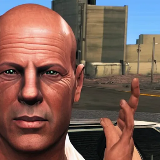 Image similar to bruce willis as a character in gta san Andres