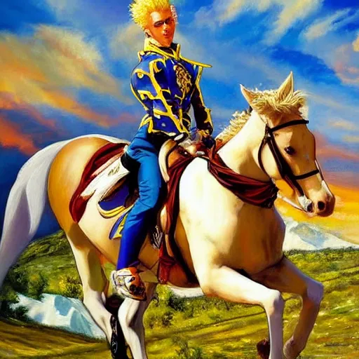 Prompt: a oil painting of jojo\'s bizarre adventure character giorno giovanna riding a horse, posing like the oil painting Napoleon Crossing the Alps