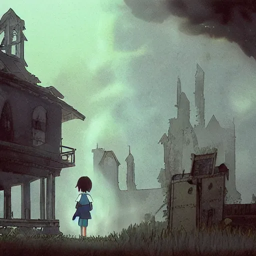 Image similar to ghost of a young girl, a burnt out church, wisps of smoke, photorealism, cel shaded, studio ghibli, hayao miyazaki