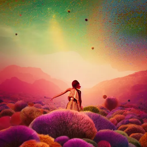 Prompt: A picture of a planet of various colors and plants, in which the human figure is dressed in something magical and impressive, inside the picture is infinity, sunset light, Atmospheric phenomenon, artistic photography, muted colors, conceptual