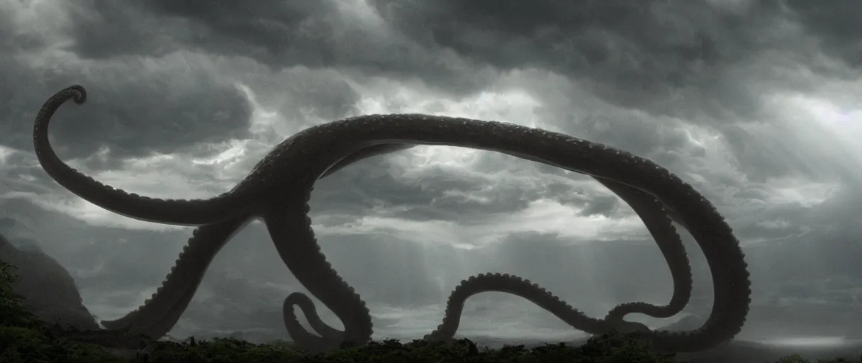 Image similar to a giant octopus tentacle hanging from the clouds over a rain forest, lightning storm and sun rays, ambient light, still from the movie the arrival, 8k