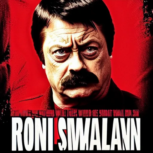 Image similar to Movie poster, Ron Swanson as Rambo, wearing red sweatband, high quality art