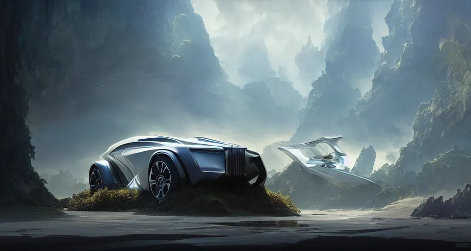 Prompt: a concept suv designed by rolls royce and zaha hadid, driving through madagascar, artgerm and greg rutkowski and alphonse mucha, an epic fantasy, volumetric light, detailed, establishing shot, an epic fantasy, trending on art station, octane render, midsommar