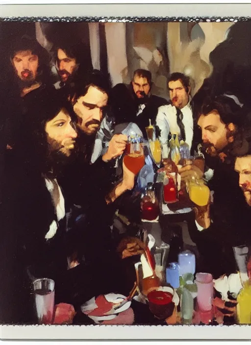 Prompt: polaroid of a glam rocker drinking brutal and raw wine with his friends by joaquin sorolla, phil hale, greek style, ultra detailed