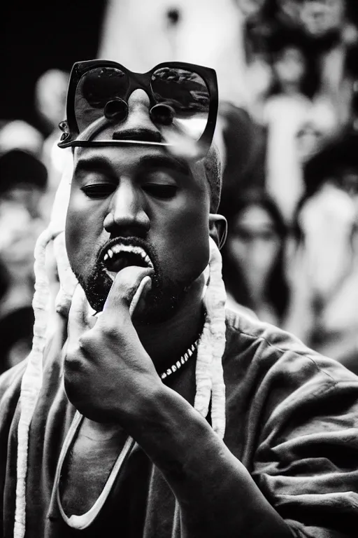 Prompt: kanye west with a giant crustacean crawling out of his mouth black and white photograph 50mm