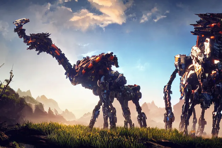 Image similar to tallneck machine mecha animal beast robot of horizon forbidden west horizon zero dawn bioluminiscence global illumination ray tracing hdr fanart arstation by sung choi and eric pfeiffer and gabriel garza and casper konefal