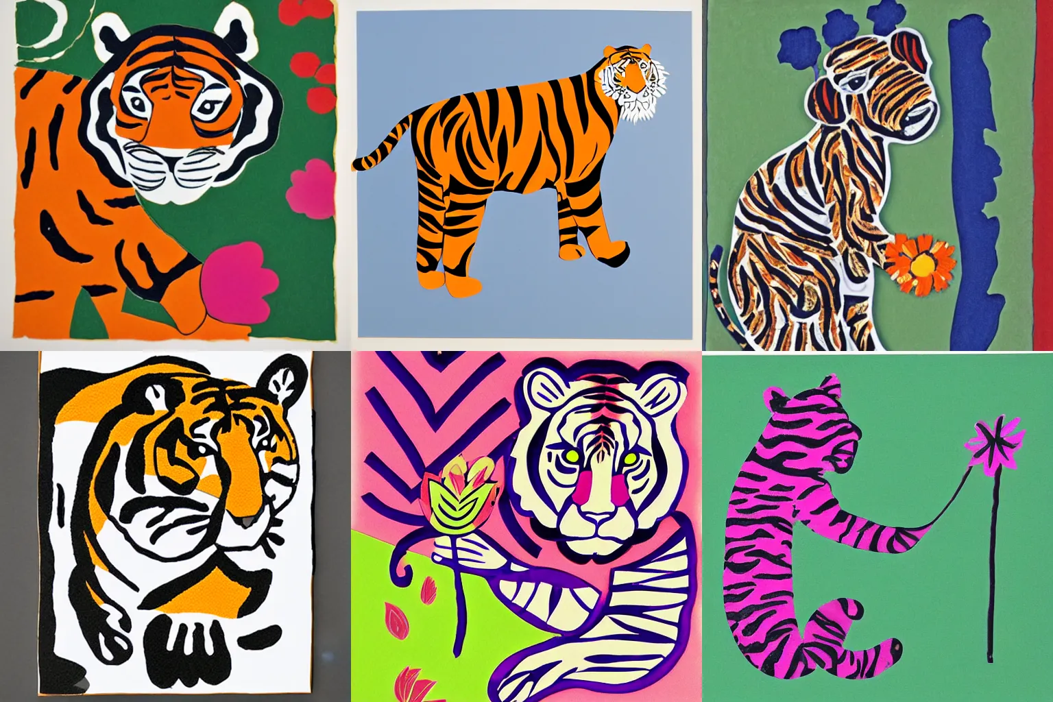 Prompt: a tiger playing with a flower, abstract paper cutout art, Matisse