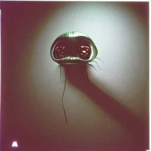 Image similar to alien creature in a soviet apartment, 1 9 8 0 s photo, cinestill 8 0 0 t 3 5 mm, camera flash