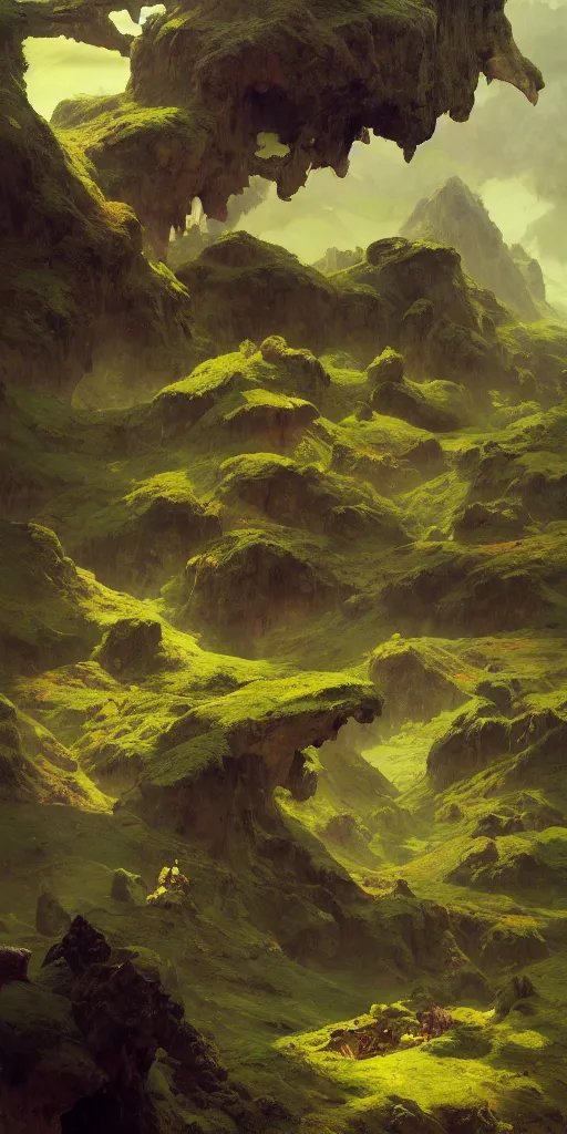 Image similar to sky is land lush green landscape villages castles buildings inverted upsidedown mountain range hanging from the sky fantasy surreal good composition artstation illustration sharp focus sunlit vista painted by ruan jia raymond swanland lawrence alma tadema zdzislaw beksinski norman rockwell tom lovell alex malveda greg staples