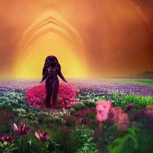 Image similar to A picture of a planet of various flowers, fungus and plants, in which the human figure is dressed in something magical and impressive, inside the picture is infinity, sunset light, Atmospheric phenomenon, artistic photography, muted colors, conceptual