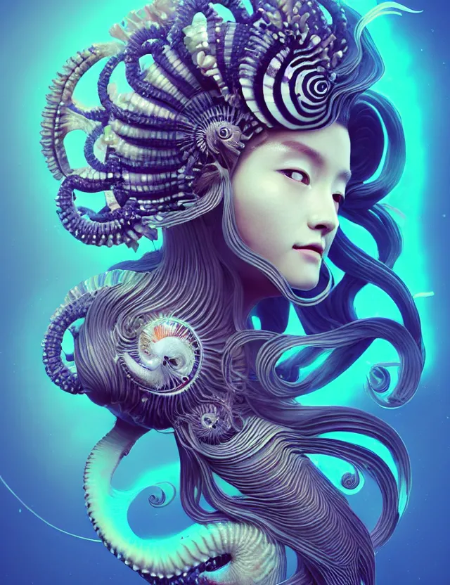 Image similar to 3 d goddess nautilus half - turn portrait with long hair with ram skull. beautiful intricately detailed japanese crow kitsune mask and clasical japanese kimono. betta fish, jellyfish phoenix, bio luminescent, plasma, ice, water, wind, creature, artwork by tooth wu and wlop and beeple and greg rutkowski