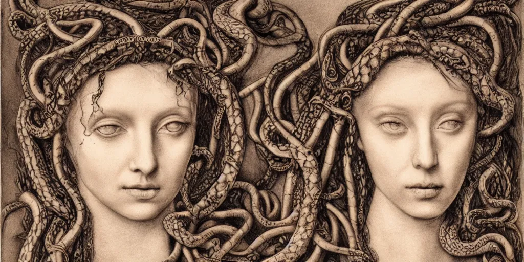 Image similar to realistic portrait of a beautiful medusa with her snakes in the hair, 1450, ink, ultra realistic, 8k