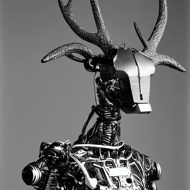 Prompt: Cybernetic robot deer. A close-up studio portrait by Robert Mapplethorpe. Tri-x