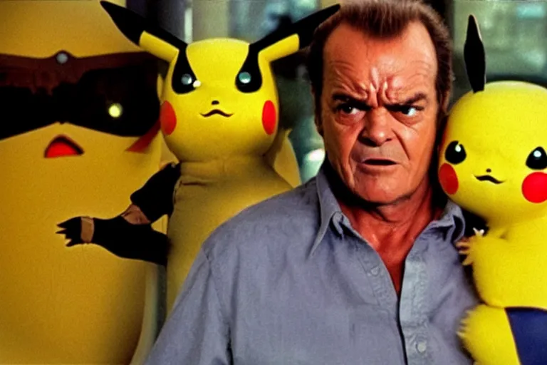 Image similar to Jack Nicholson plays Terminator Pikachu hybrid, scene where his endoskeleton gets exposed, still from the film