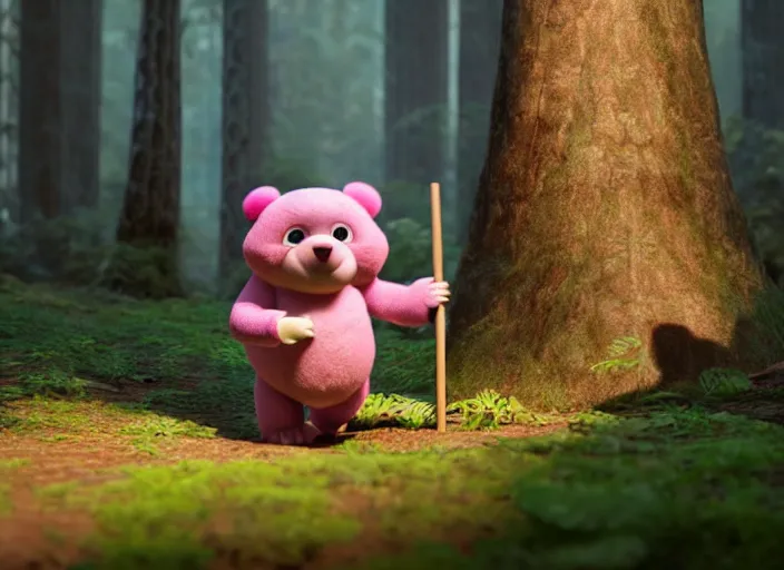 Prompt: pink chocolate teddy bear walking in a forest in the croods movie style, holding a large white mallet, anime, disney, pixar, 8 k, hd, dof, kodak film, volumetric lighting, subsurface scattering, photorealistic, octane render, details