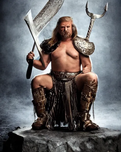 Image similar to donald trump as king conan, directed by john millius, photorealistic, sitting on a metal throne, wearing ancient cimmerian armor, a battle axe to his side, he has a beard and graying hair, cinematic photoshoot in the style of annie leibovitz, studio lighting