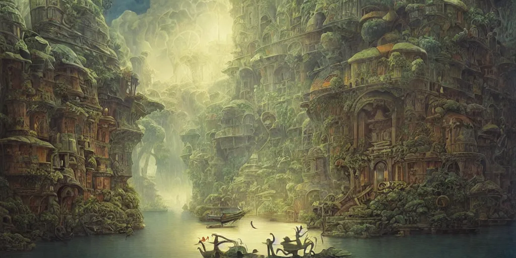 Image similar to a still frame of a floating society by hubert robert and daniel merriam and roger dean and jacek yerka, alex grey style, soft lighting, beautiful, realistic, minimalistic