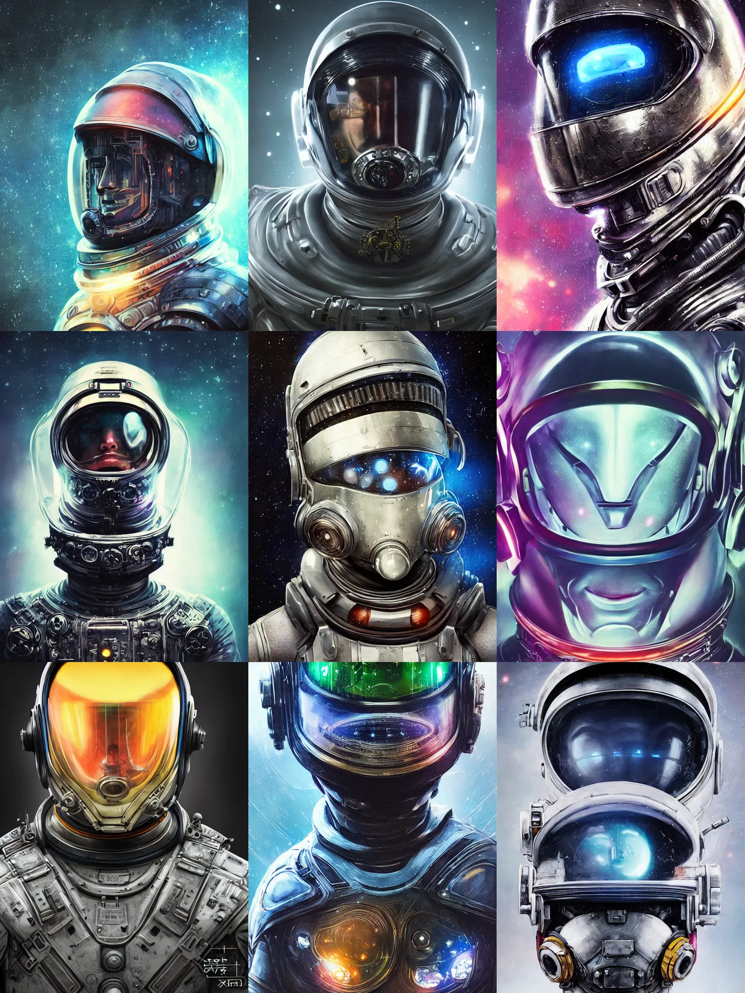 Image similar to portrait art of 8k ultra realistic retro futuristic astronaut, helmet visor open, glow around helmet, deep space , detailed intricate ornate armour,blade runner, cybernetic, full of colour, cinematic lighting, trending on artstation, 4k, hyperrealistic, focused, extreme details,unreal engine 5, cinematic, masterpiece, art by ayami kojima, giger