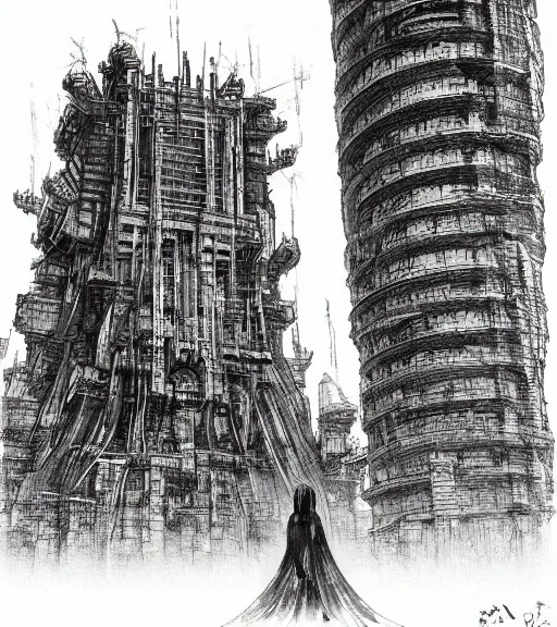 Prompt: tarkovsky, majestic ancient tower of babylon of terror, a woman in cyber clothing, hyperrealistic, blame manga, full color, manga style, by tsutomu nihei, cyber architecture, intricate, illustration, concept art, hyper - detailed, smooth, masterpiece, epic, cinematic, high quality