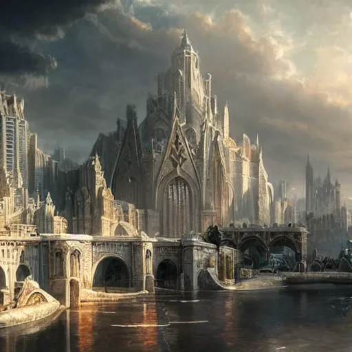 Image similar to beautiful fantasy city made from white stone and bright copper, medieval city, metropolis, magic, waterways, waterfalls, gorgeous clouds, white marble, god rays, digital art, landscape, fantasy art, octane render, ureal engine, high detail, very realistic, by greg rutkowski. by james gurney