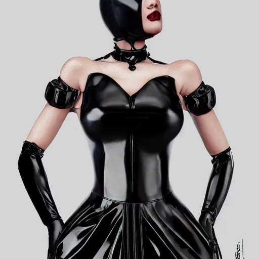 Image similar to A masterpiece portrait of a Incredibly beautiful futuristic high fashion queer rubber succub model girl . with a collar on her neck. barocco royal fetish dress. medium shot, intricate, elegant, highly detailed. trending on artstation, digital art, by Stanley Artgerm Lau, WLOP, Rossdraws, James Jean, Andrei Riabovitchev, Marc Simonetti, Yoshitaka Amano