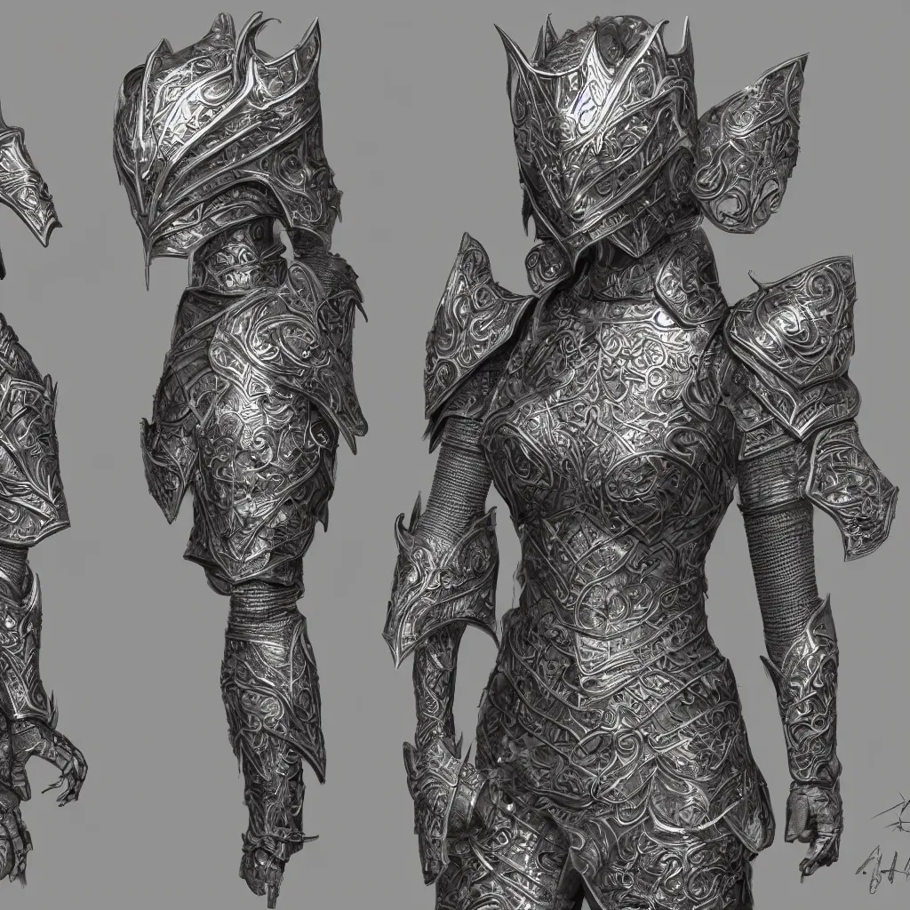 Image similar to concept layout of 3 d rendered suit of decorative female armor, filigree, lord of the rings, elder scrolls, detailed, art station, unreal engine