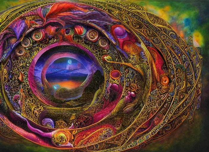 Image similar to the ouroboros of infinite flower universes, by ernst fuchs, dichromatism, paradox, volumetric light, insanely detailed and intricate, hypermaximalist, warm colors, dramatic lighting, smooth, sharp focus, extremely detailed, aesthetically pleasing composition