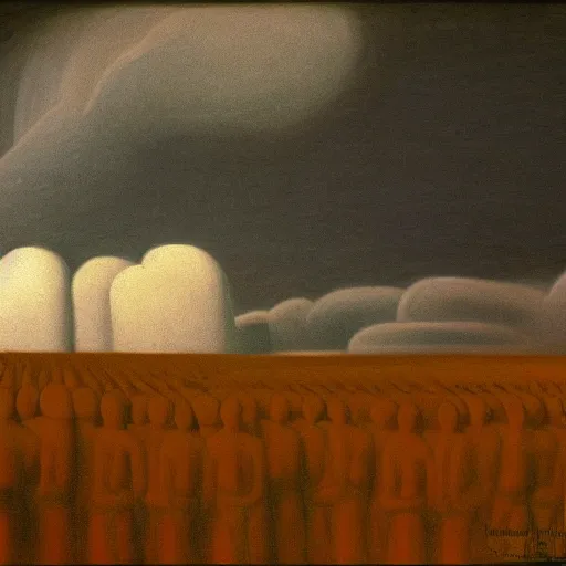 Prompt: the clouds of fear by Grant Wood, oil on canvas