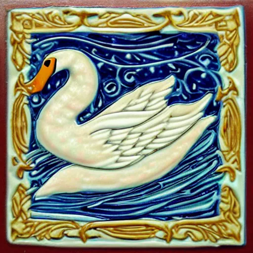 Image similar to beautiful detailed tile design, ceramic paint closeup, depicting swan and waterlily