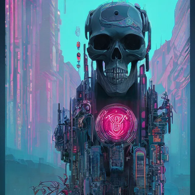 Image similar to a beautiful painting of a ( ( cyberpunk ) ) skull by simon stalenhag and pascal blanche and alphonse mucha! and nekro!. in style of digital art. colorful comic, film noir, symmetry, hyper detailed. octane render. trending on artstation