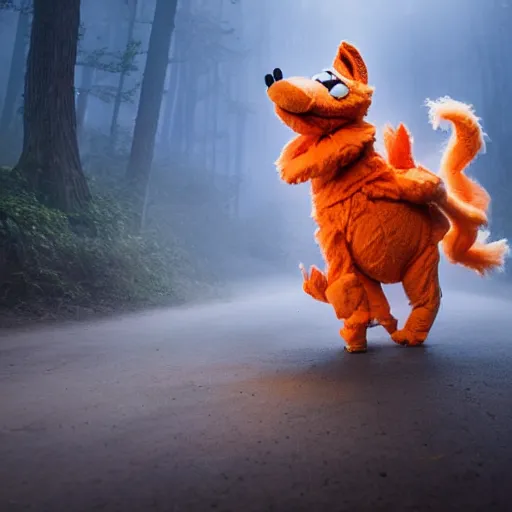 Image similar to a large orange kitsune muppet wearing a dark hooded cloak and herding a bunch of random muppet animals following behind through a dark foreboding misty blue forest, sesame street, photograph, photography, ultrarealistic, national geographic