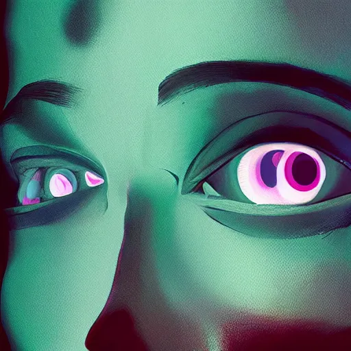 Prompt: her eyes wide by beeple, oil on canvas