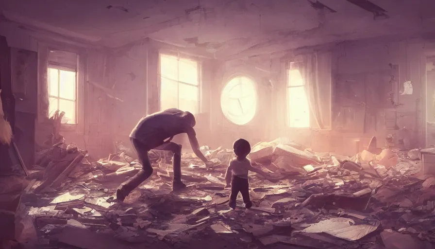 Prompt: man with his son exploring destroyed apartment with flashlight, cloudy night, debris, dust, hyperdetailed, artstation, cgsociety, 8 k