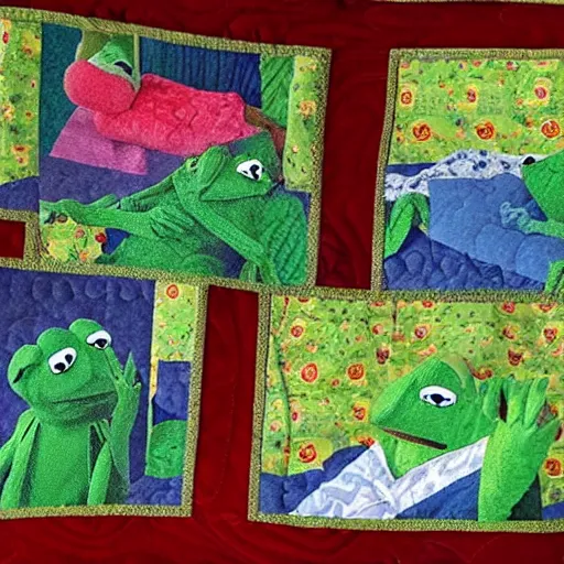 Image similar to “ a quilt of kermit, reclining on a chaise lounge, with the sun shining in the background ”