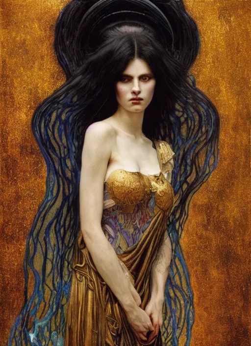 Image similar to masterpiece portrait of an beautiful dark witchy girl with gothic elegant robe, details by gustav klimt, surrounded by flowing liquid occult swirls, majestic, dramatic lighting, h. r. giger, beksinski, alphonse mucha, artgerm, donato giancola, tom bagshaw, trending on cgsociety, octane render, 8 k