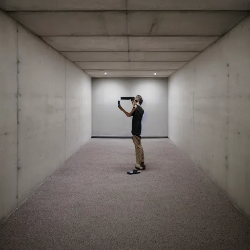 Prompt: a man taking a selfie in a minimalistic concrete room with upholstered sofas and a rectangular water feature in the center, a tilt shift photo by leandro erlich, featured on cg society, kitsch movement, hall of mirrors, high dynamic range, studio portrait