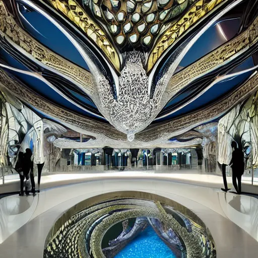 Image similar to extremely detailed ornate stunning beautiful futuristic museum lobby interior for aquatic life theme with large aquariums as the walls by Zaha Hadid