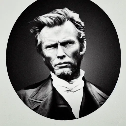 Prompt: an 1 8 0 0 s photo of donald trump playing the role of clint eastwood, squinting at high noon, in the style of a clint eastwood movie, the good, the bad and the ugly, distinguished, clint eastwood, vibe, glory days, mount rushmore, stern, resolve, formal, justice, american flag, independence, patriotism, symmetry, centered, balance