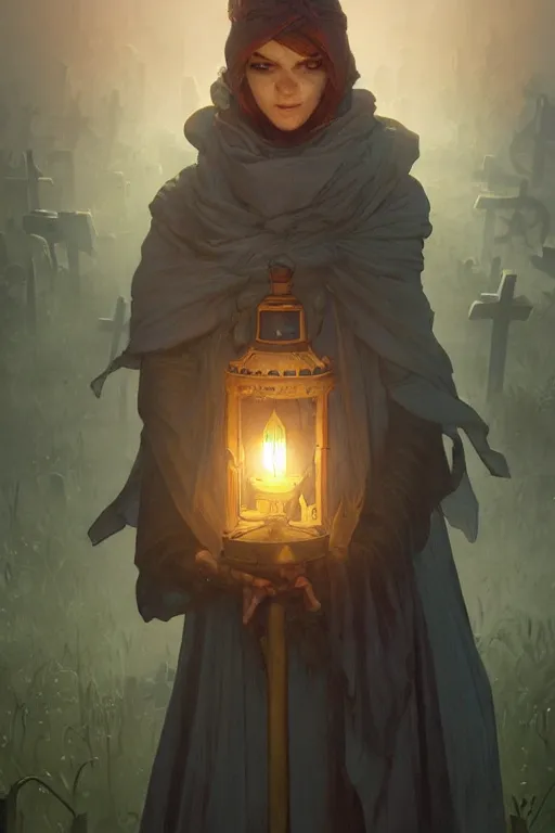 Image similar to cleric holding a lantern in a cemetery surrounded by zombies, highly detailed, digital painting, artstation, concept art, smooth, sharp focus, illustration, art by artgerm and greg rutkowski and alphonse mucha and andrei riabovitchev