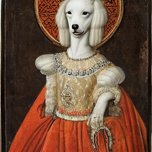 Image similar to portrait of a white poodle as an italian noblewoman, italo - byzantine era 9 0 0 ce