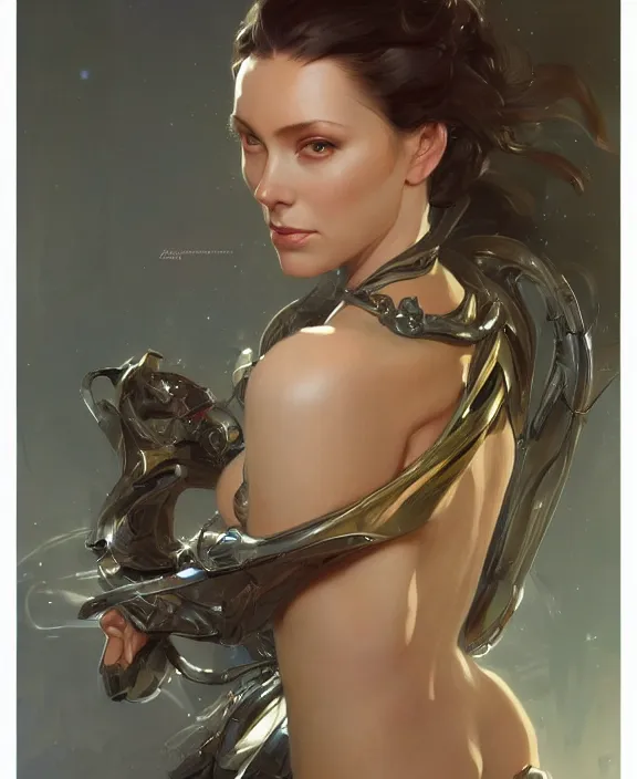 Image similar to portrait of a futuristic woman, half body, d & d, fantasy, intricate, elegant, highly detailed, digital painting, artstation, concept art, art by artgerm and greg rutkowski and alphonse mucha, boris vallejo