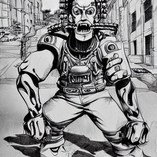 Prompt: a beautiful painting of a chainsawman with chainsaw arms posing for a picture on a city street by hirohiko araki, detailed line art, jojos bizarre adventure