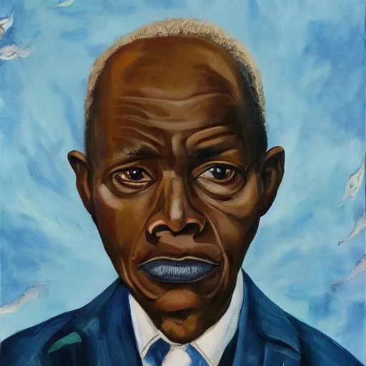 Prompt: a painting of a fatherly wide forehead, round face, XXL , loving, caring, generous, ever-present, humble, wise elder from Kenya in a suit by Wangechi Mutu . Fatherly/daddy, focused, loving, leader, relaxed. Blue background, heavenly lights, details, smooth, sharp focus, illustration, realistic, cinematic, artstation, award winning, rgb , unreal engine, octane render, cinematic light, macro, depth of field, blur, red light and clouds from the back, highly detailed epic cinematic concept art CG render made in Maya, Blender and Photoshop, octane render, excellent composition, dynamic dramatic cinematic lighting, aesthetic, very inspirational, arthouse.