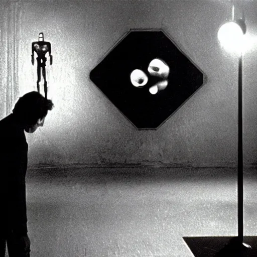 Image similar to a man and a robot in a moment of jealousy, movie still, cinematic lighting, Movie by Andrzej Zulawski and David Lynch