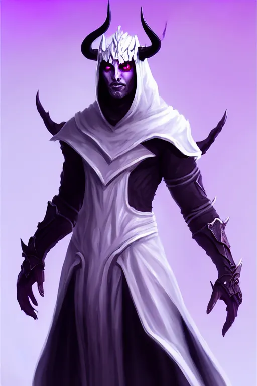 Image similar to man male demon, full body white purple cloak, warlock, character concept art, costume design, illustration, black eyes, white horns, trending on artstation, Artgerm , WLOP